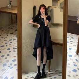 小众a字裙前短后长裙子黑色连衣裙女夏季法式复古显瘦气质小黑裙