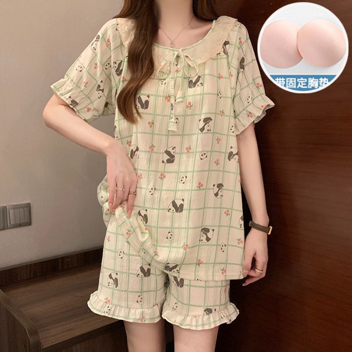 Pijamas con almohadilla fija para el pecho para mujer verano nuevo traje de manga corta de algodón de nube estilo coreano suelto, dulce y lindo servicio a domicilio