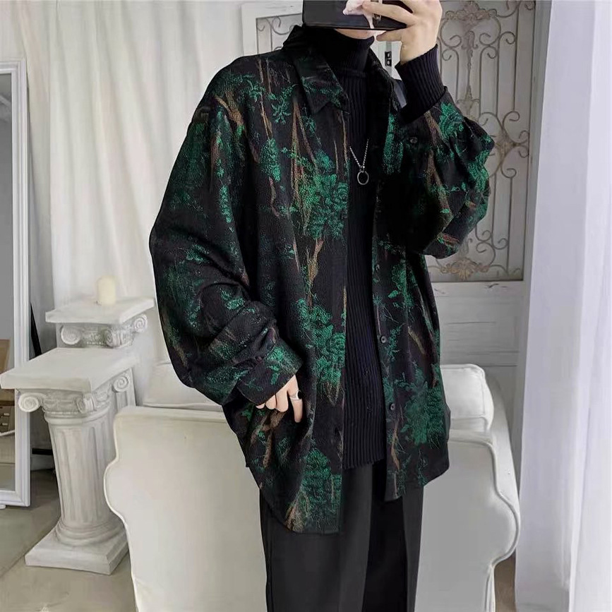 Loose Long-Sleeve Chic Retro Abstract Print Shirt Jacket Niche Nightclub Foreign Trade Internet Celebrity Fairy-Like Shirt for Men