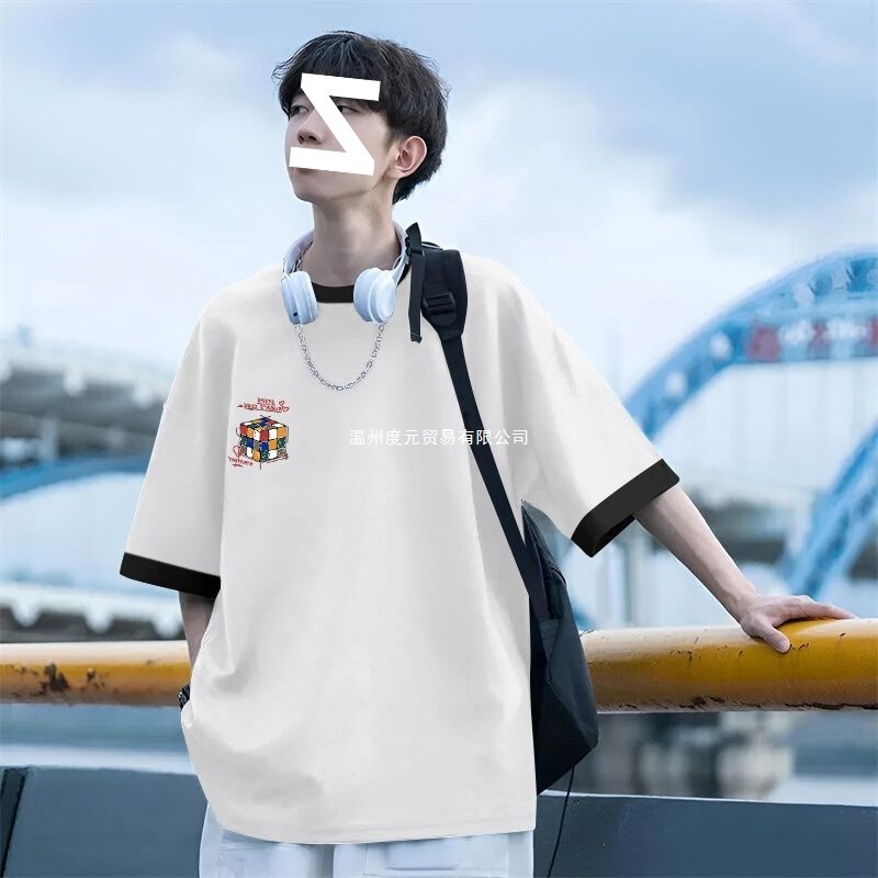 Hong Kong Style Printed Patchwork Short-Sleeve T-Shirt for Men, 2026 Summer New Model, Cool and Loose Fit, Versatile Five-Quarter Sleeve Top, Trendy on Instagram Hong Kong Style Printed Patchwork Short-Sleeve T-Shirt for Men, 2026 Summer New Model, Cool and Loose Fit, Versatile Five-Quarter Sleeve Top, Trendy on Instagram