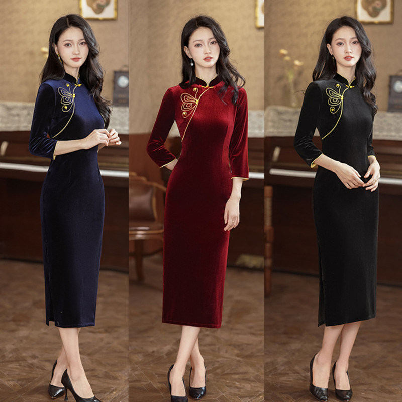 純色絲絨長款七分袖旗袍2024秋新款復古中式喜媽媽婚宴丈母娘旗袍