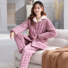 三层夹棉睡衣女秋冬珊瑚绒加绒加厚家居服保暖套装保暖睡衣