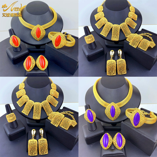 Cross-border best-selling 24k gold jewelry earrings  jewelry set Middle Eastern Dubai bride necklace earrings hand