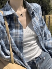 复古宽松慵懒风格子衬衫女早秋新品韩版休闲简约长袖外搭通勤小衫