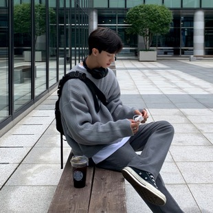 MYQ Sweater Men's Autumn and Winter Korean Style Loose Fashionable Casual Style Solid Color Round Neck Long Sleeve Pullover Sweater
