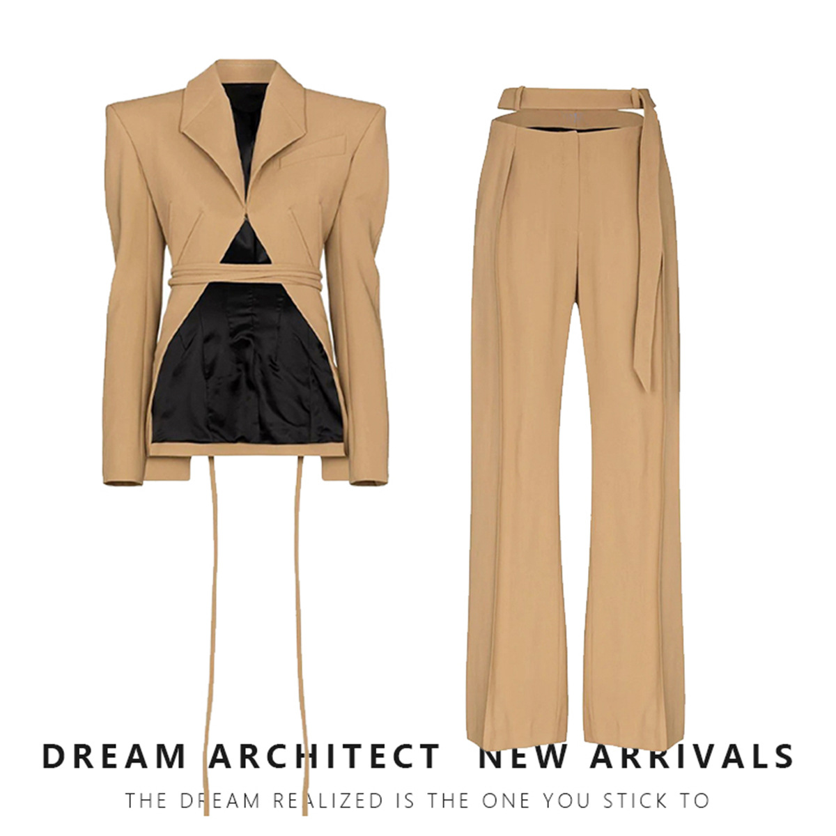 Women's Clothing Niche design deconstructed herringbone suit female tie wide shoulder suit jacket hollow straight pants two piece suit_voghion.com