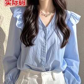 今年流行的漂亮小衫轻奢感法式小众绝美蓝色长袖衬衫女新款