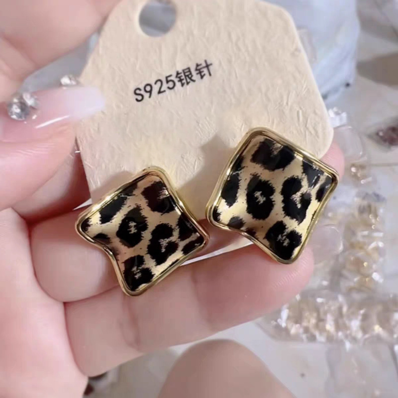 14k真金电镀银针豹纹褶皱菱形耳钉欧美复古耳环小众高级感耳饰女|undefined