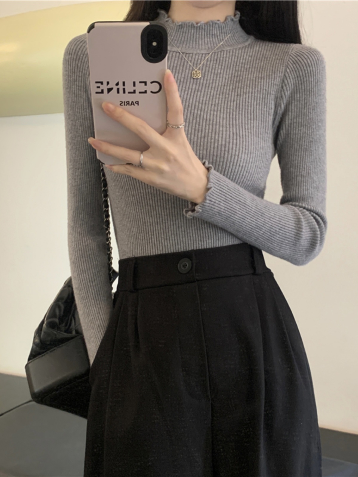 검은 반 터틀넥 니트베이스 셔츠 여성용 봄과 가을 내부 플러스 사이즈 통통녀 슬림 스웨터 슬림 핏 우드 이어 탑