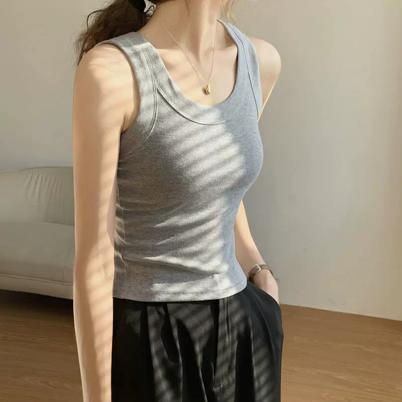 灰色吊带背心女螺纹棉内搭打底衫2025春季遮副乳修身无袖上衣夏