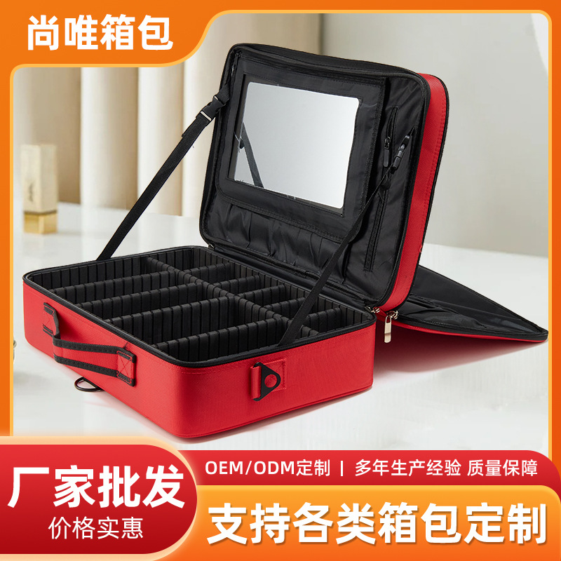 Bolsa de maquillaje portátil de gran capacidad con espejo, bolsa de almacenamiento para herramientas de tatuadores y manicuristas, bolsa con compartimentos desmontables, impermeable