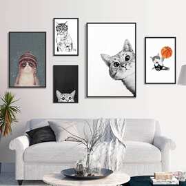 儿童房装饰画芯图片儿童房卡通可爱宠物猫打篮球海报版画帆布画