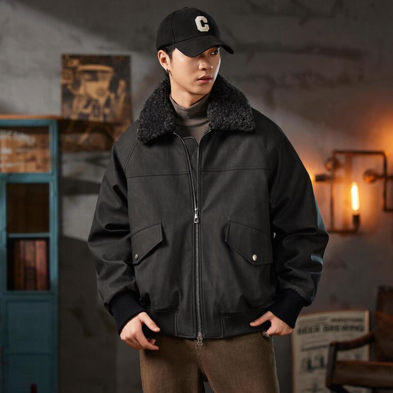 Allin down Jacket Men's Autumn and Winter Trendy American Style Detachable Fur Collar Retro Warm Duck down Pu Leather Jacket