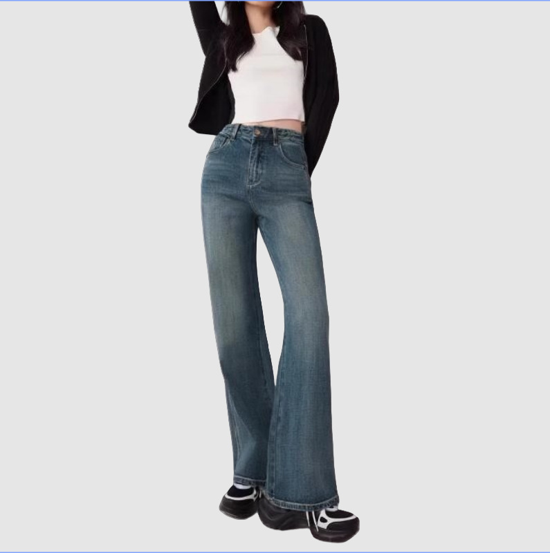 Blue Four-Way Stretch High-Waisted Flared Jeans for Women, Zhongshan Denim, Slim Fit, Size 26, New Spring Collection, Flattering and Versatile, Cropped Length