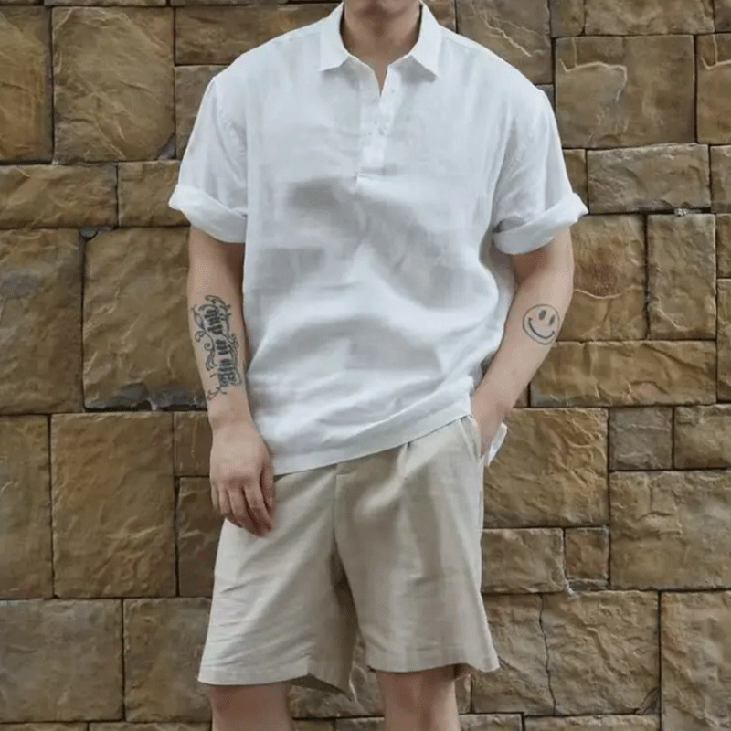 藏青色亚麻短袖衬衫男款夏薄款透气速干polo衫美式老钱风棉麻t恤|undefined