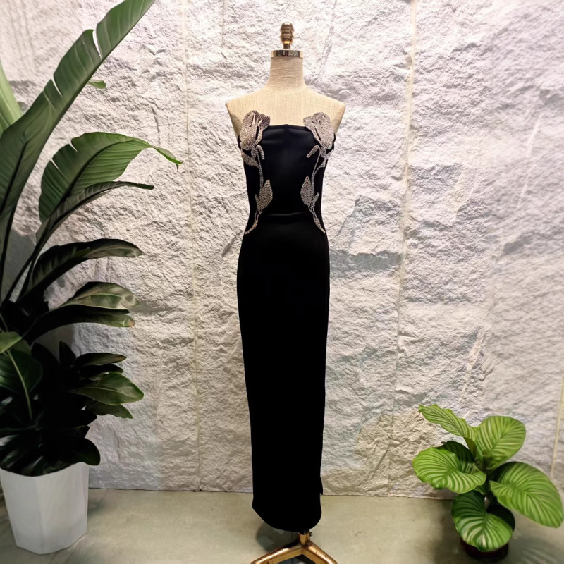 Sexy Tube Top Diamond-Encrusted Dress Mid-Length Slim Fit Texture Bandage Birthday Evening Dress