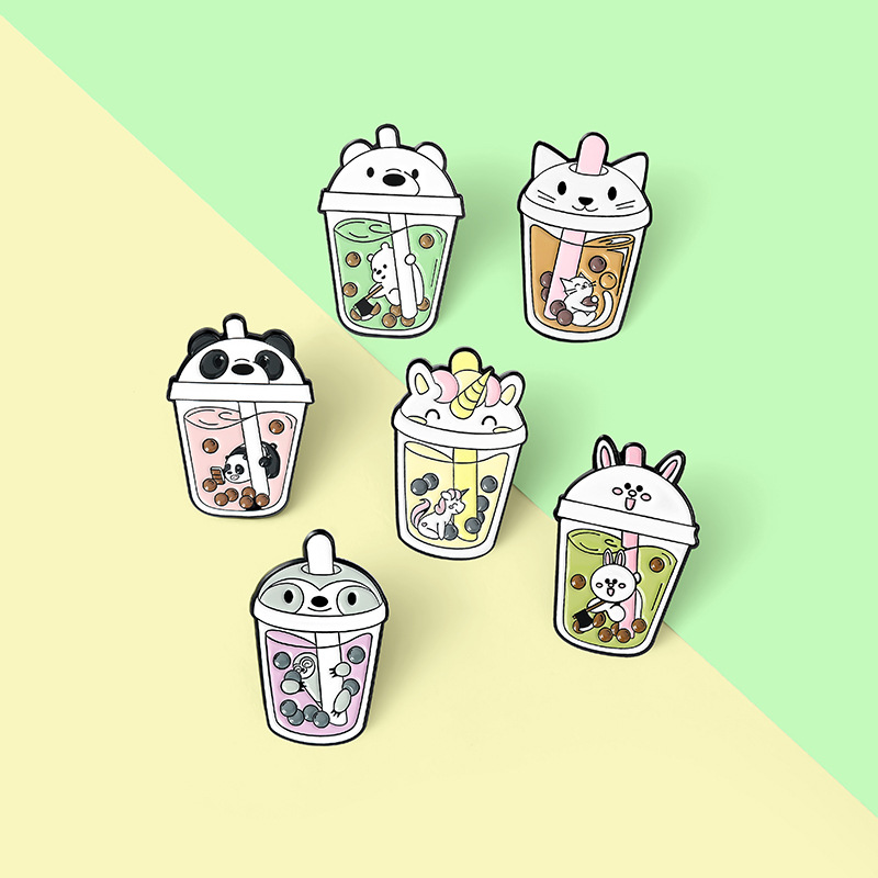 Cartoon Cute Cat Bear Bunny Milk Tea Alloy Brooch display picture 1