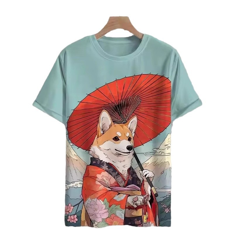 Tinta Jianghu Cat Dog Hero 3D Impresión digital Spot Moda callejera para hombres Camiseta de manga corta con cuello redondo y hombro