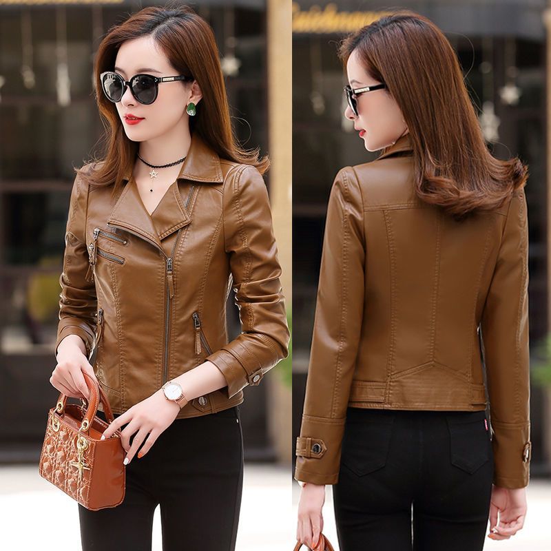 Haining Leather Jacket Women 2025 New Trendy Short Biker Slim Fit Spring Autumn Stylish Leather Coat