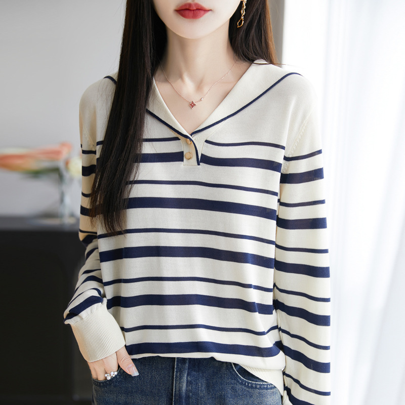 New Tencel Sweater Spring and Autumn plus size Loose Long-sleeved T-shirt Women's Exquisite Black and White Striped Top Base Shirt New Tencel Sweater Spring and Autumn plus size Loose Long-sleeved T-shirt Women's Exquisite Black and White Striped Top Base Shirt
