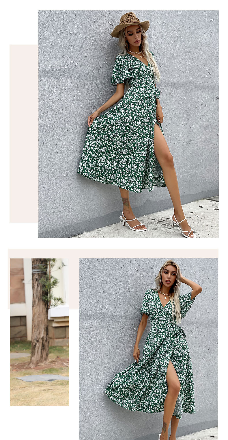 Green Short-Sleeved V-Neck Floral Printed Dress NSYYF104578