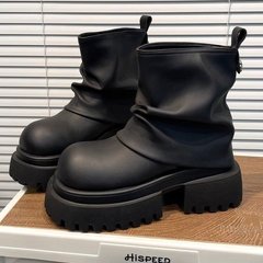 正当时髦季~韩版厚底粗跟褶皱裤管靴女堆堆靴2025秋冬增高ins短靴