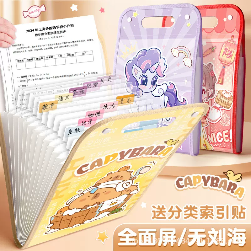 咔巴熊新款13格大容量风琴包pp夹学生试卷卡通卡册卡皮巴拉高颜值