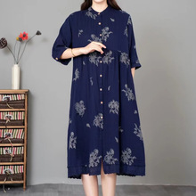 日韩森女系双层棉纱印花蕾丝宽松半开立领短袖连衣裙女装工厂