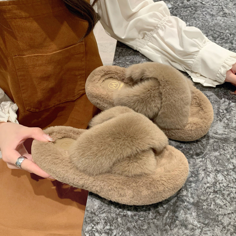 厚底毛毛拖鞋女外穿2025年冬季新款女式平底防滑一字网红交叉棉拖|undefined