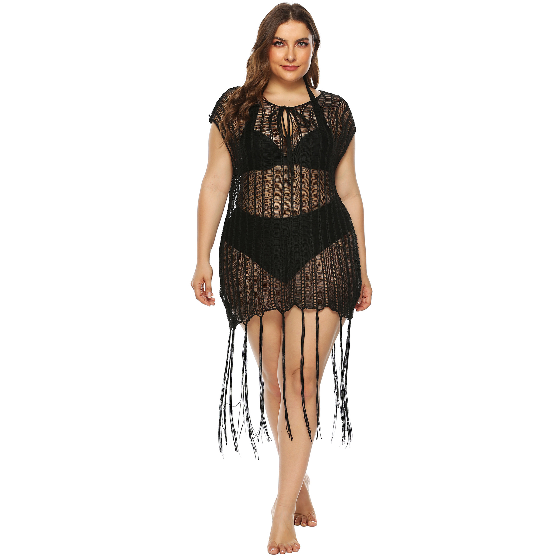 plus size woven tassel stitching beach cover dress NSOY37092