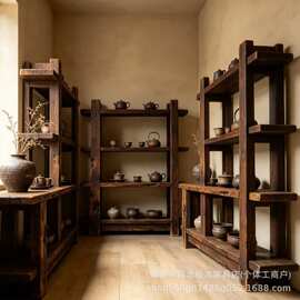 老榆木博古架办公室装饰茶具茶叶收纳架实木多宝阁隔断置物架书架