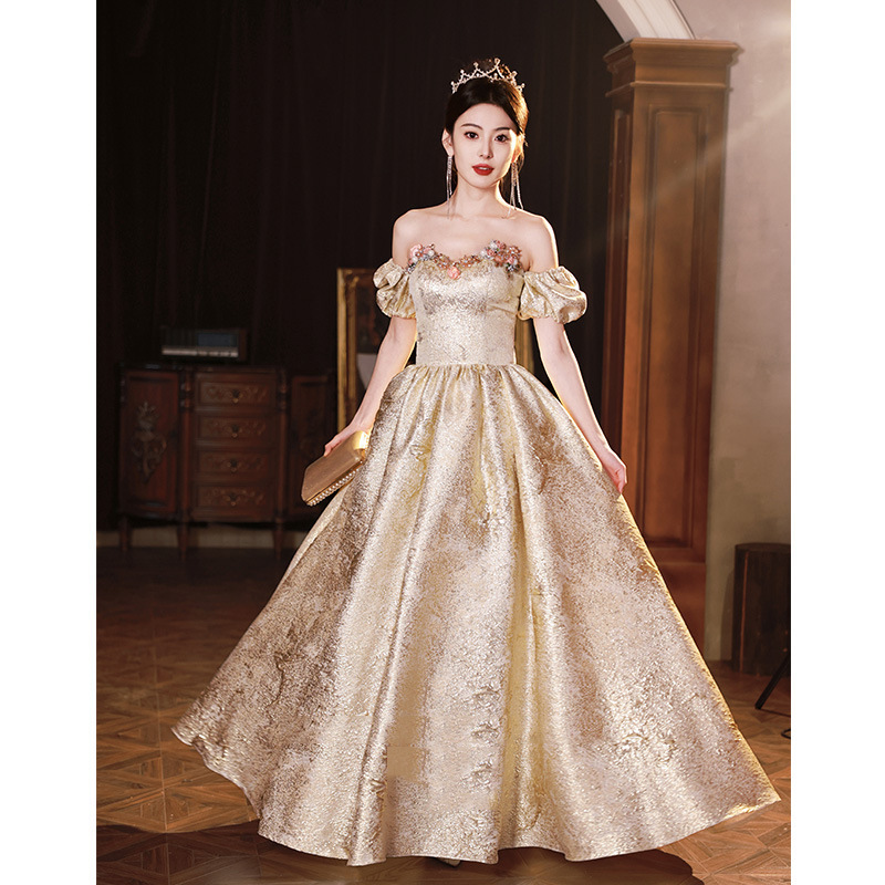 Đầm dạ hội nữ trễ vai thiết kế độc đáo, phù hợp dự tiệc đính hôn, lễ cưới, biểu diễn — Mẫu dài màu vàng sâm panh