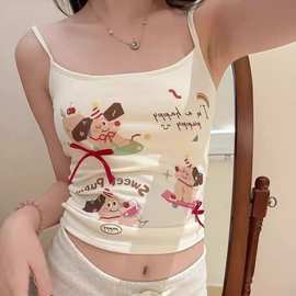 人棉甜美可爱韩版卡通印花吊带背心女带胸垫辣妹内搭外穿打底上衣
