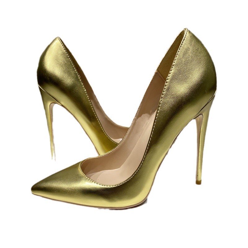 Europe and the United States new 12cm thin heel super high heel shallow pointed golden matte sheep pattern shoes 10cm comfortable small size