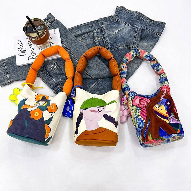 Nueva Ilustración Creativa correa de hombro llena de algodón bolsa de cubo bolsa de hombro Montaña y Mar Sutra portátil bolso de lona artística al por mayor