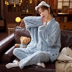 秋冬季加绒珊瑚绒睡衣女士冬款加厚毛绒法兰绒家居服冬天保暖套装