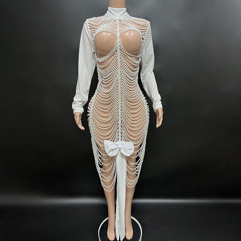 Best Selling Products 2024 Hollow Pearl White Dress Party Stage Costume Prom Dress Celebrity