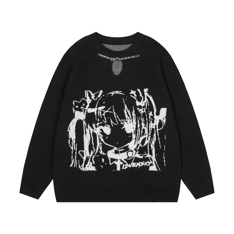 Men's Clothing Street Fashion Girl Jacquard Crewneck Sweater Trendy Brand Casual Design Sense Lazy Style Sweater for Men and Women_voghion.com