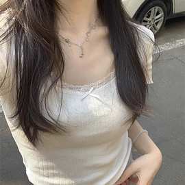 2025夏季新款提花镂空蕾丝蝴蝶结短袖T恤纯欲清新甜美U领上衣女潮