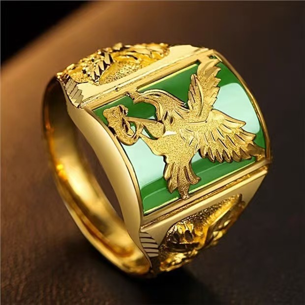 Vietnamese Sand Gold Domineering Big Eagle Spread Wings Eagle Cut Out Men's Ring Imitation Agate Imitation Gold Open Ring Retro Ring