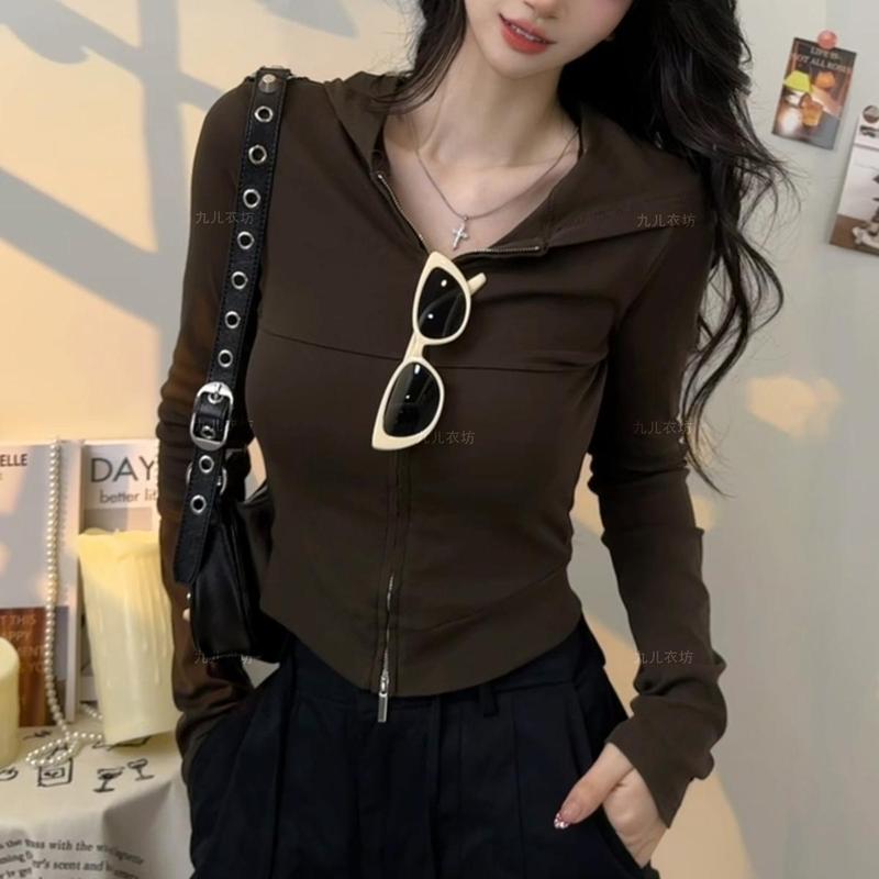 2025春秋连帽短款设计感上衣女拉链甜辣显瘦长袖T恤开衫潮白色|undefined