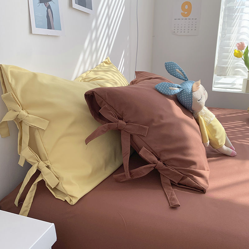 奶油风混搭水洗棉枕套一对装成人枕头家用枕芯内胆套简约系带枕套