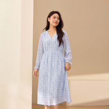 【海滩风连衣裙】纤莉秀大码女装印花V领显瘦长裙胖mm2025秋新款