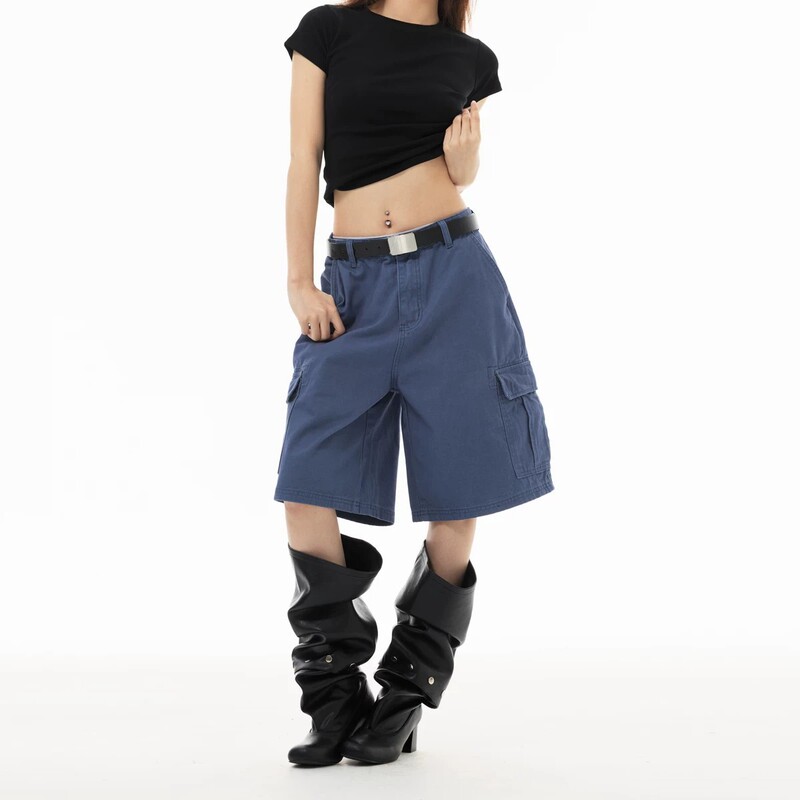 American Retro Blue Work Shorts, Five-Point Pants for Women, New Summer Style French Work Blue Mid-Length Pants for Men, Casual Loose Pants