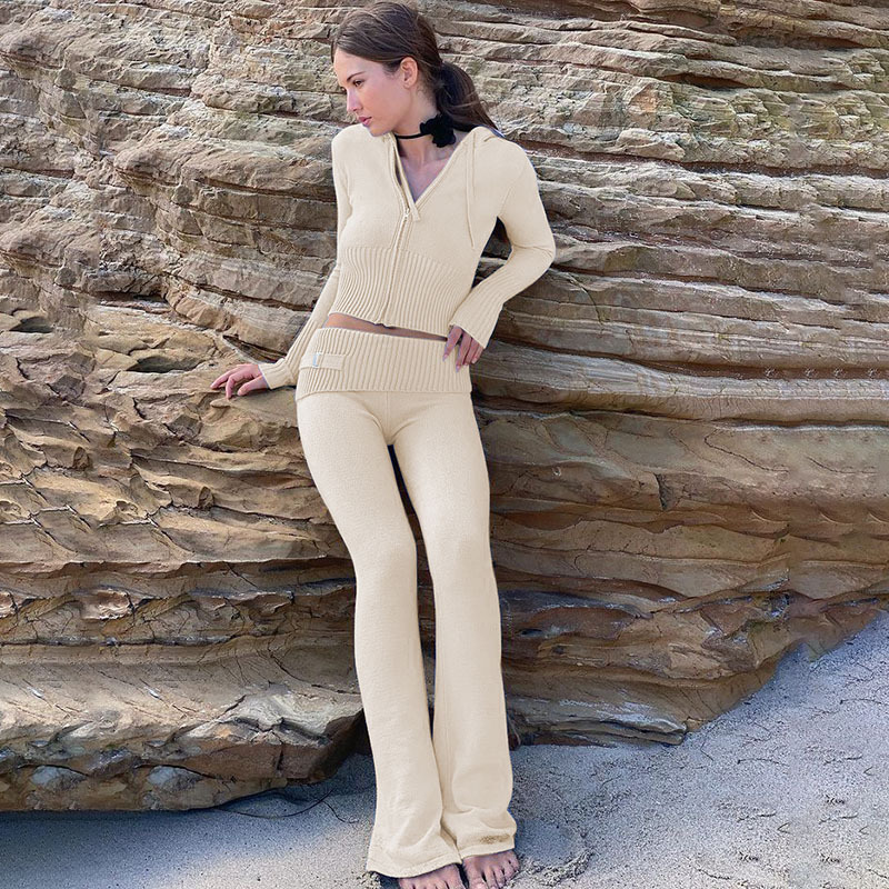 Strick Set Mit Kapuze Langarm Und High Waist Hose Für Damen_voghion.com
