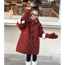 2024冬新款儿童圣诞新年红牛角扣连帽呢大衣女童加绒加厚保暖外套