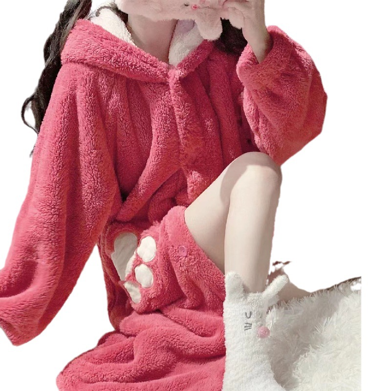 Thickened strawberry bear nightgown autumn and winter new can be worn outside ins wind with velvet thickened coral velvet bathrobe net red wholesale