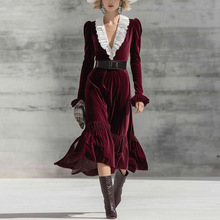 TEMU跨境欧美风2025冬季新品V领撞色修身气质长袖连衣裙鱼尾裙女