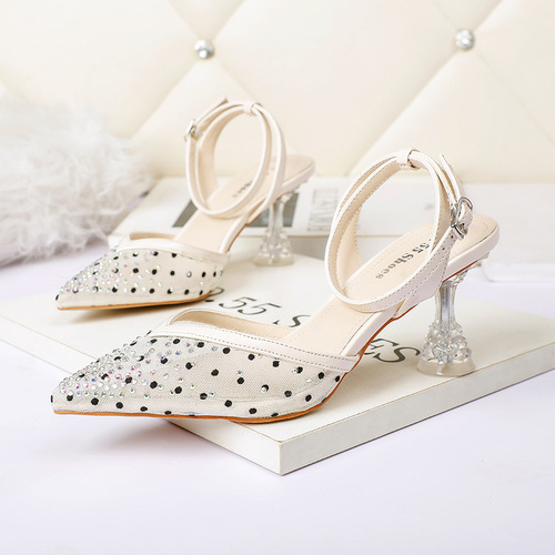 3255-3 han edition fashion pointed shallow mouth high-heeled shoes show thin web celebrity diamond one word with sandals heel shoes