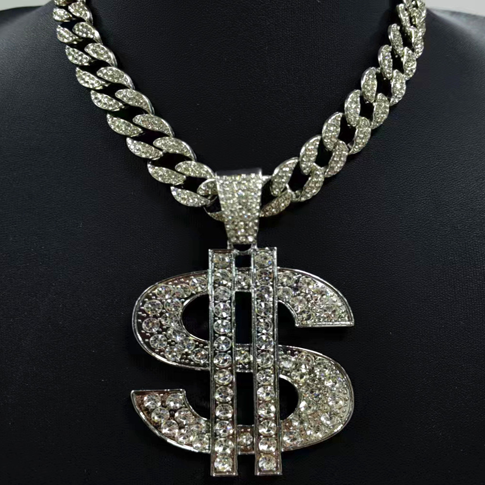 Collar de símbolos de dólar exagerado con diamantes llenos de dólar masculino y femenino moda colgante collar largo collar